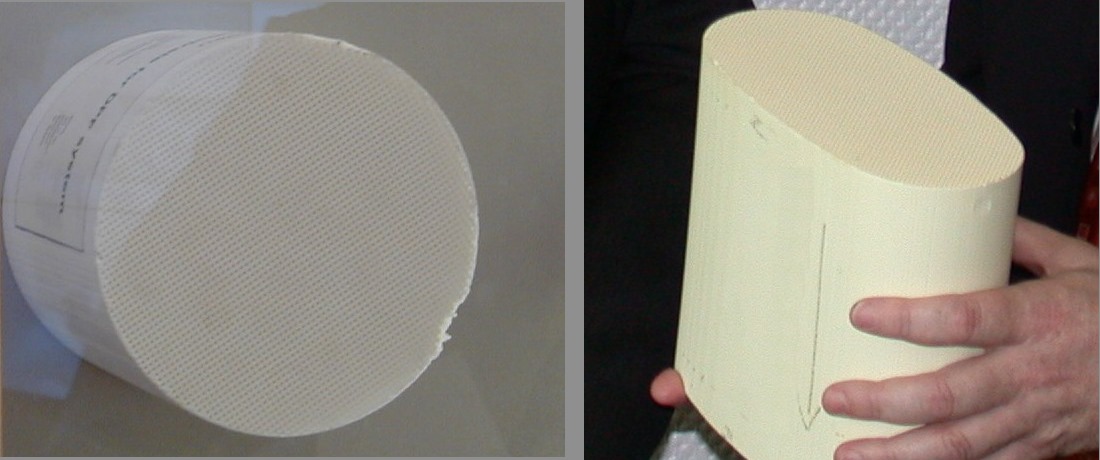 Dieselpartikelfilter (monolit) til venstre lavet af cordierit keramik, til højre lavet af aluminium titanat keramik